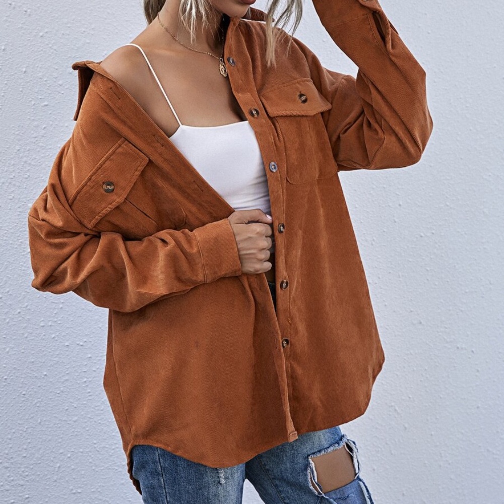 Cozy rust brown Boyfriend fit oversized shacket jacket corduroy - Picture 5 of 5